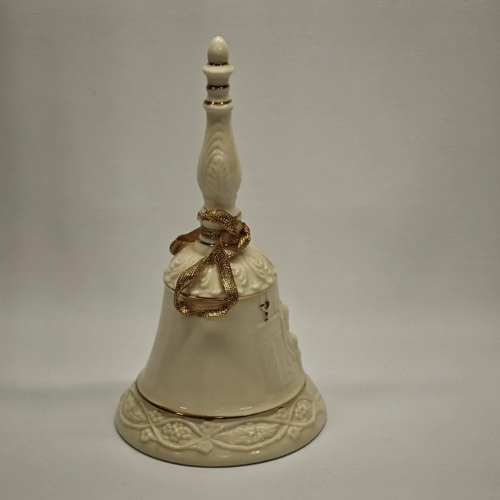 Vintage Ivory Porcelain Christmas Bell Santa Reading Children Gold Trim 7 Inch
